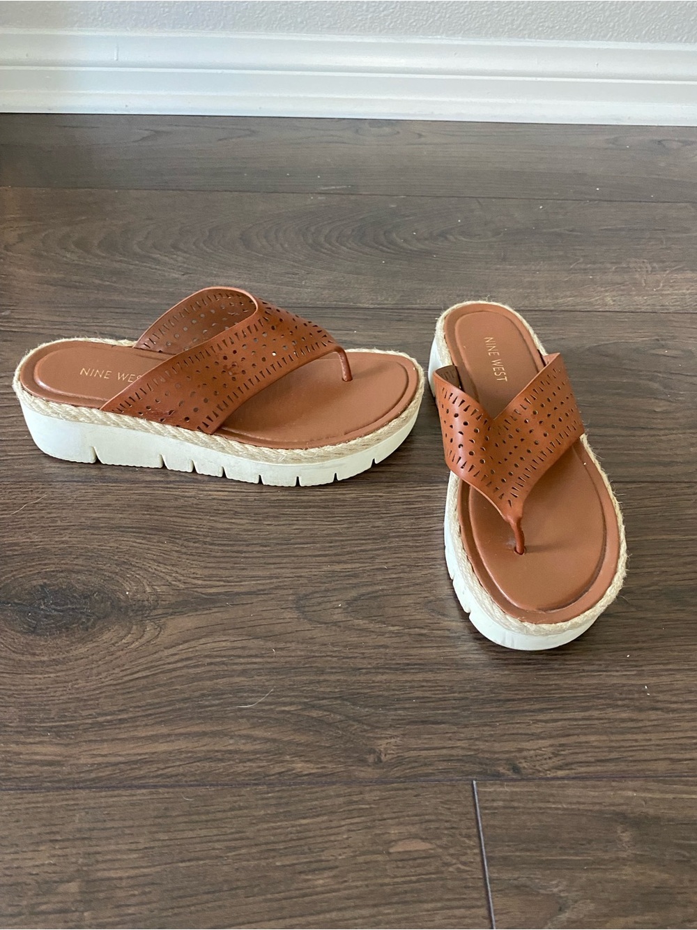 Nine West Brown Perforated Platform Thong Sandals